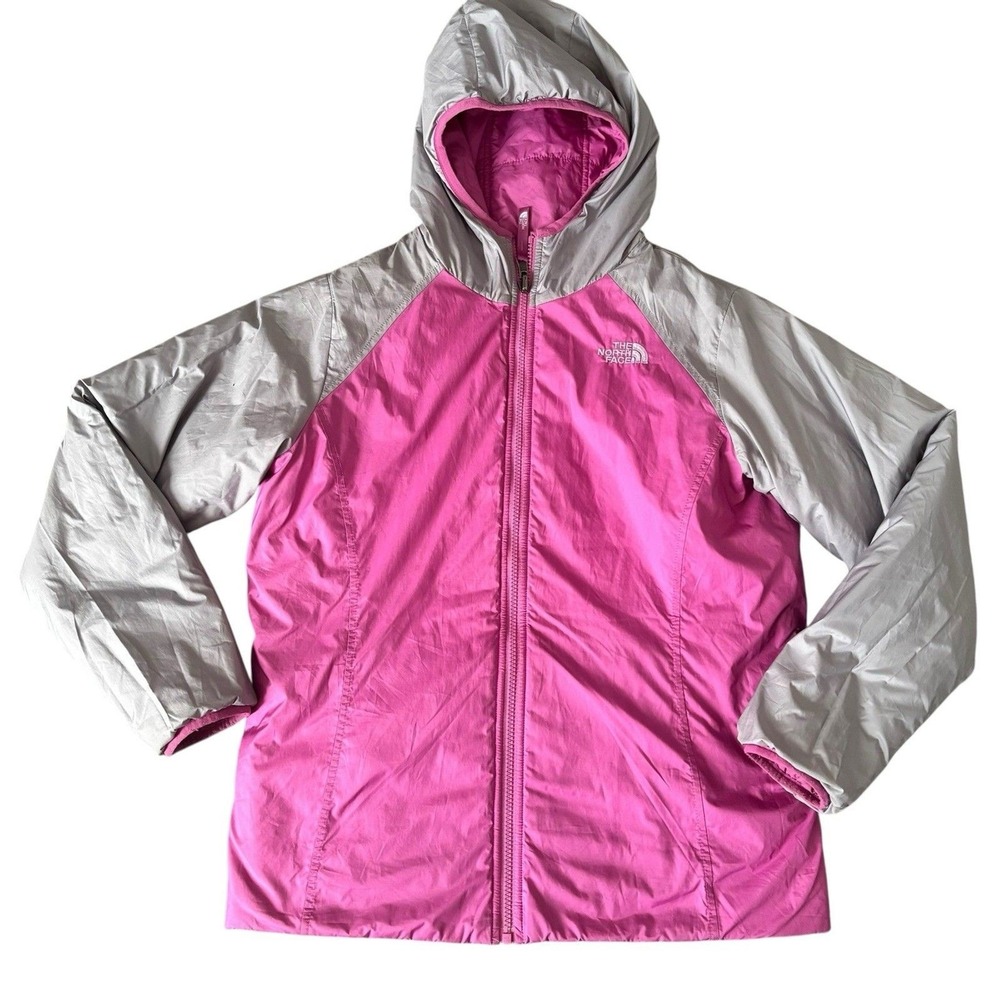 The North Face Girls XL Pink purple‎ Gray Reversible Hooded Fleece Lined Jacket